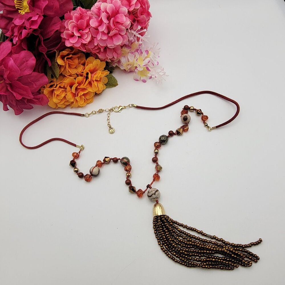 C1946 Multicolor Crystal Tassel Cord Necklace Gold Tone 30" Adj.